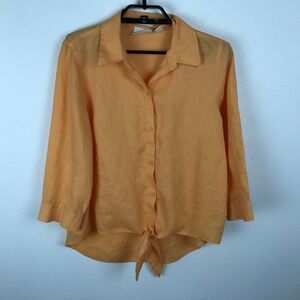 Chico's Blouse Size 0 Orange 3/4 Sleeve Linen Tie Button Front Womens Shirt